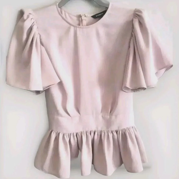 Express Blouse Women's XS Pink Flutter Short Sleeve Ruffle Hem Tie Feminine - Picture 1 of 7